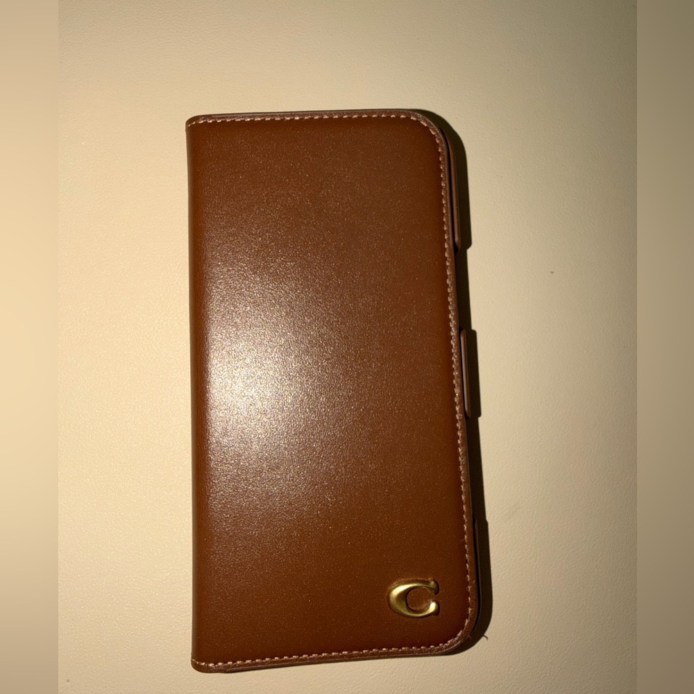 Coach Brown Leather Folio Phone Case with Gold Accent